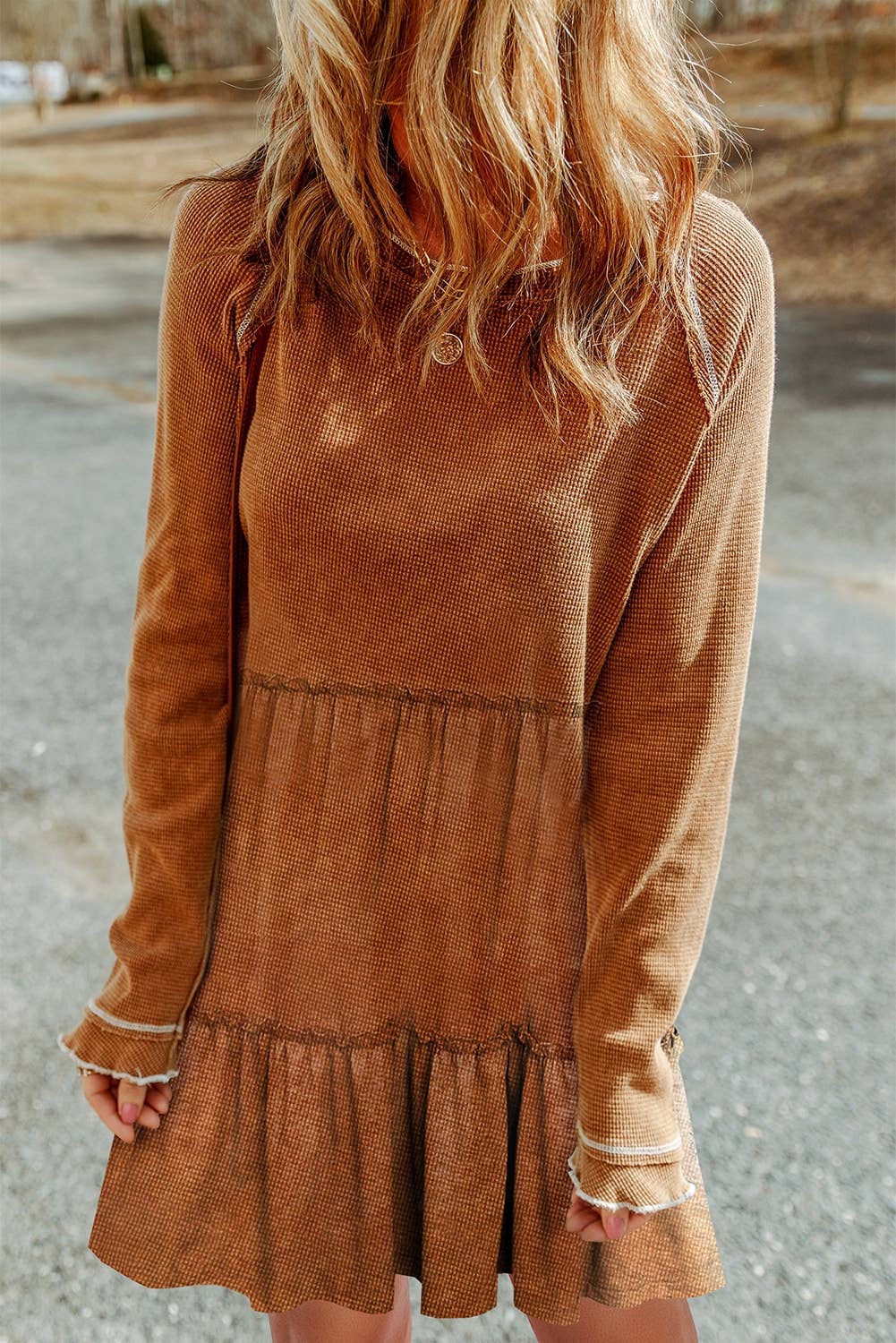 Chestnut Brown Textured Tiered Ruffled Long Sleeve Mini Dress - Purpose + Passion Boutique