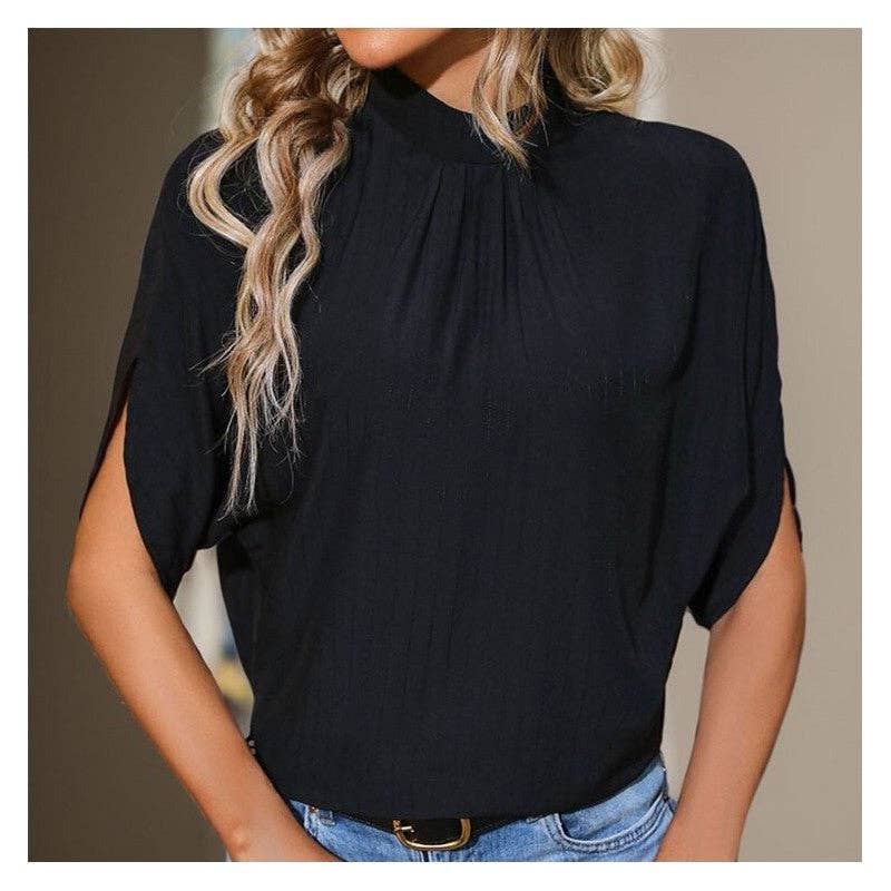 Chic Stand Collar Batwing Sleeve Black Blouse - Purpose + Passion Boutique