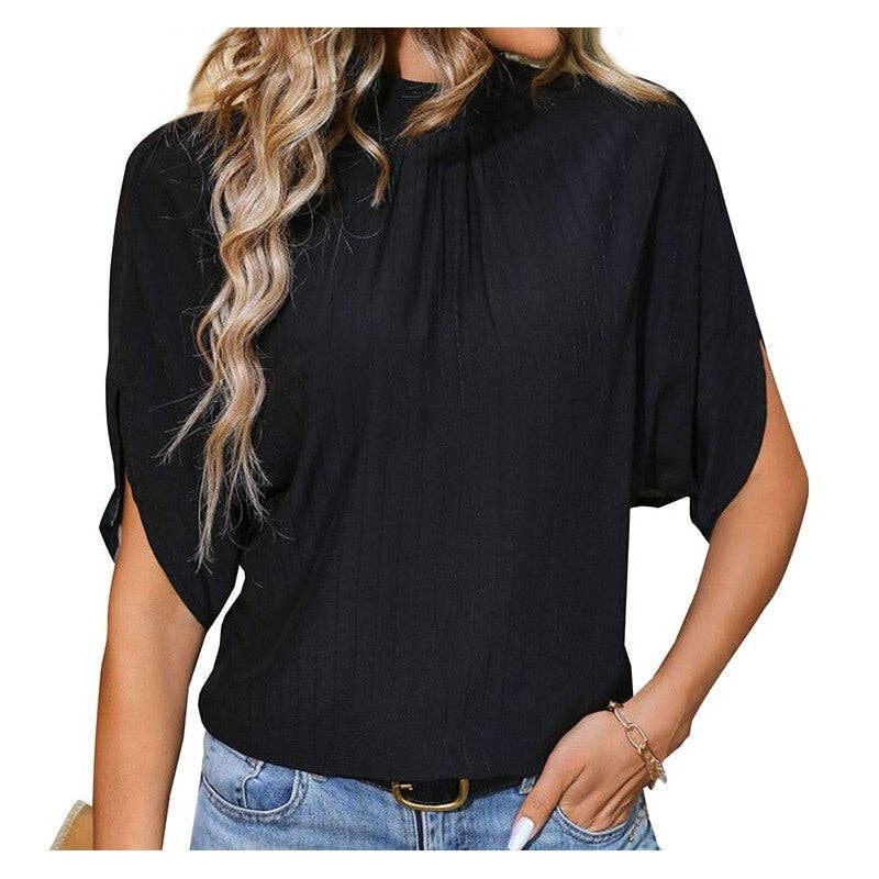 Chic Stand Collar Batwing Sleeve Black Blouse - Purpose + Passion Boutique