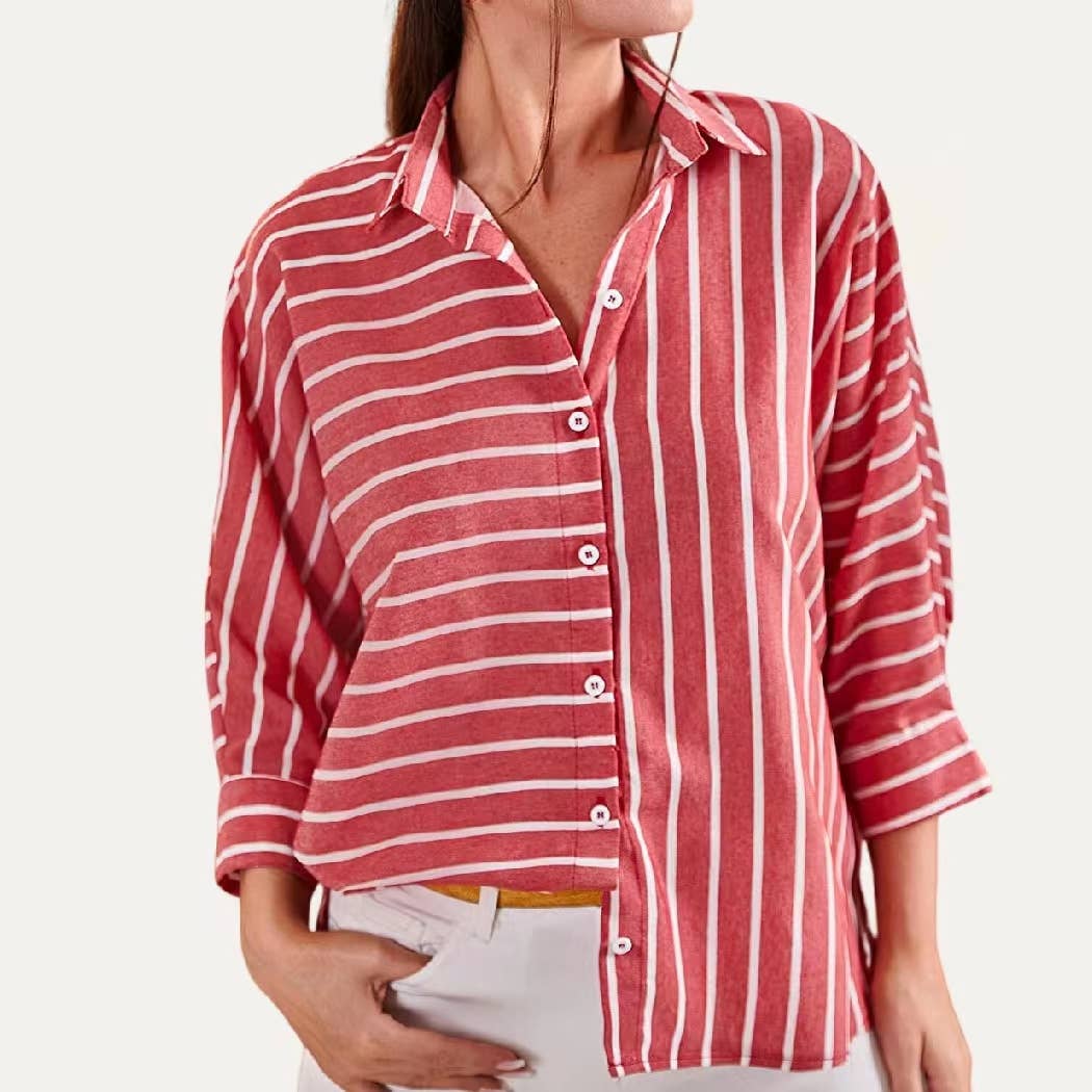 Chic Striped Pattern Collared Neck Button Down Top - Purpose + Passion Boutique