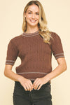 Chocolate Cable Knit Short Sleeve Sweater - Purpose + Passion Boutique
