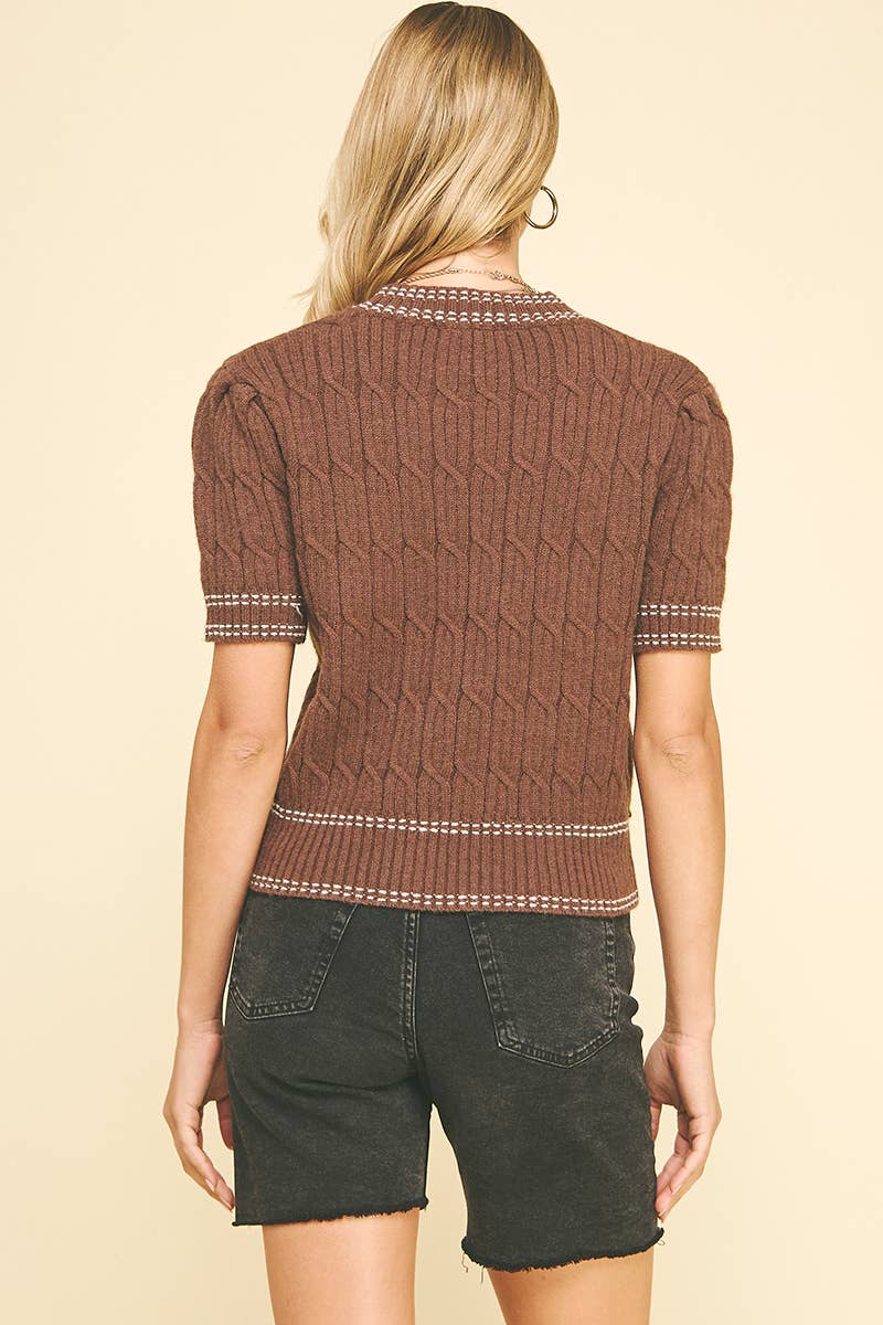 Chocolate Cable Knit Short Sleeve Sweater - Purpose + Passion Boutique