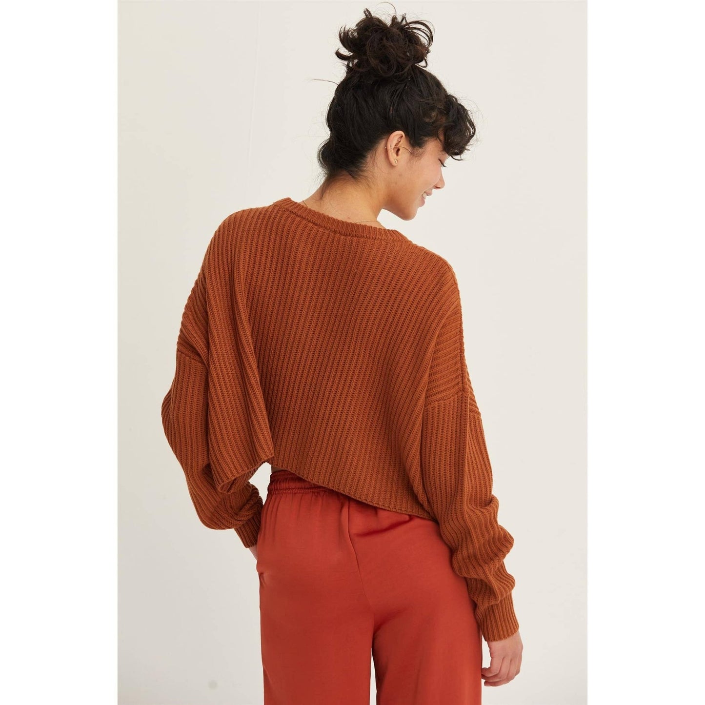 Chocolate Crew Neck Cropped Knit Sweater - Purpose + Passion Boutique