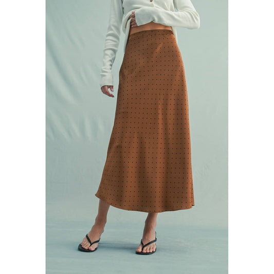 Chocolate/Black Polka Dot Satin Midi Skirt - Purpose + Passion Boutique