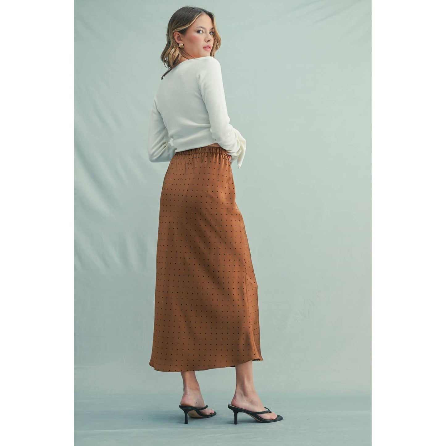Chocolate/Black Polka Dot Satin Midi Skirt - Purpose + Passion Boutique