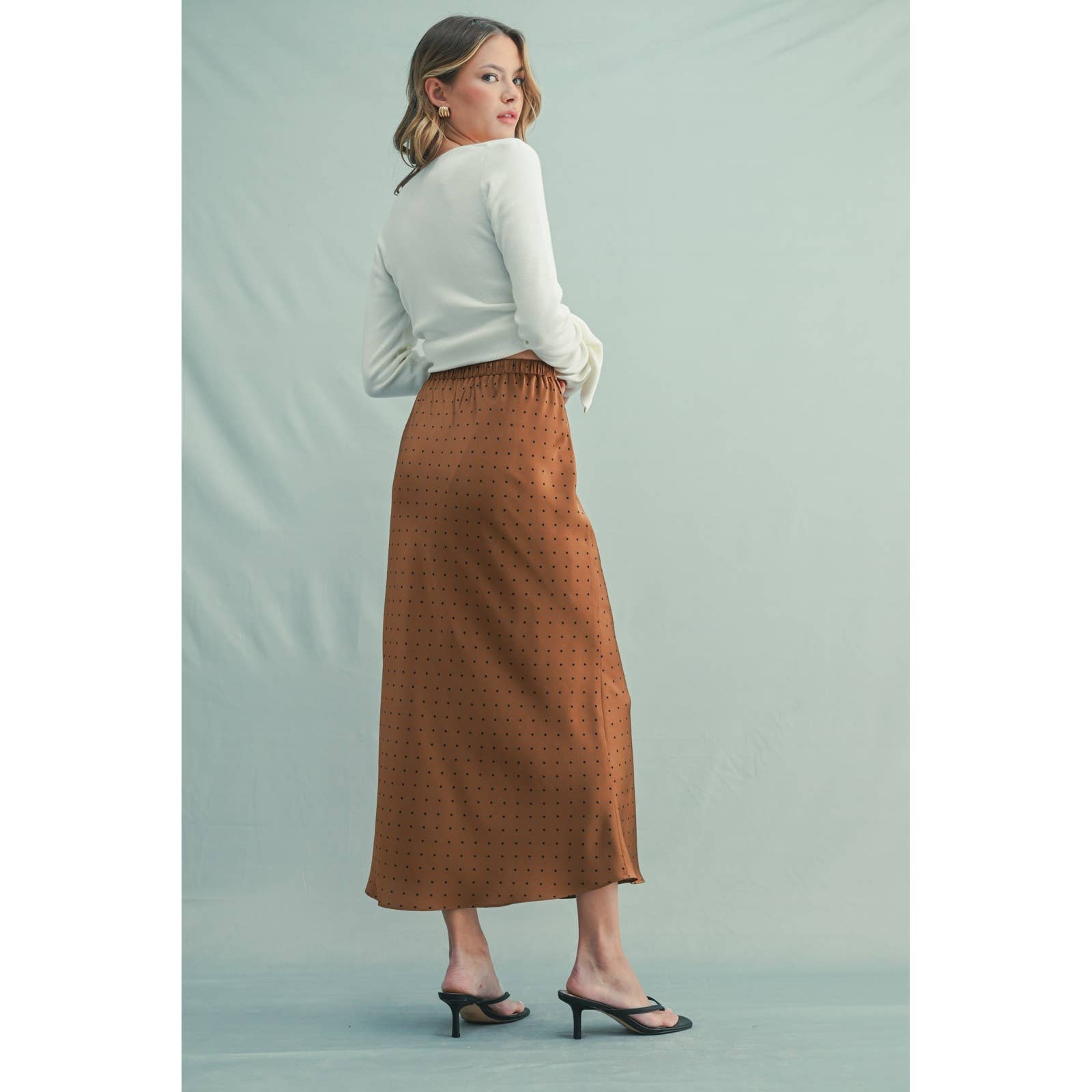 Chocolate/Black Polka Dot Satin Midi Skirt - Purpose + Passion Boutique