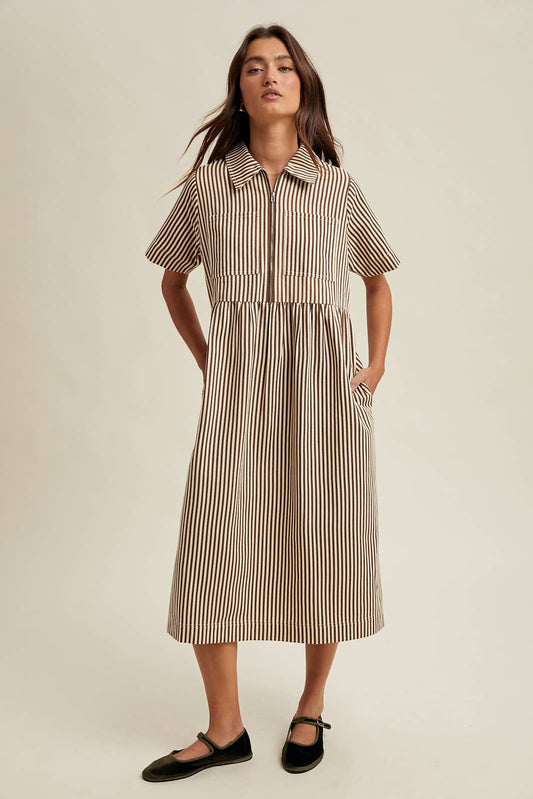 Chocolate/Cream Striped Half - Zip Midi Dress - Purpose + Passion Boutique