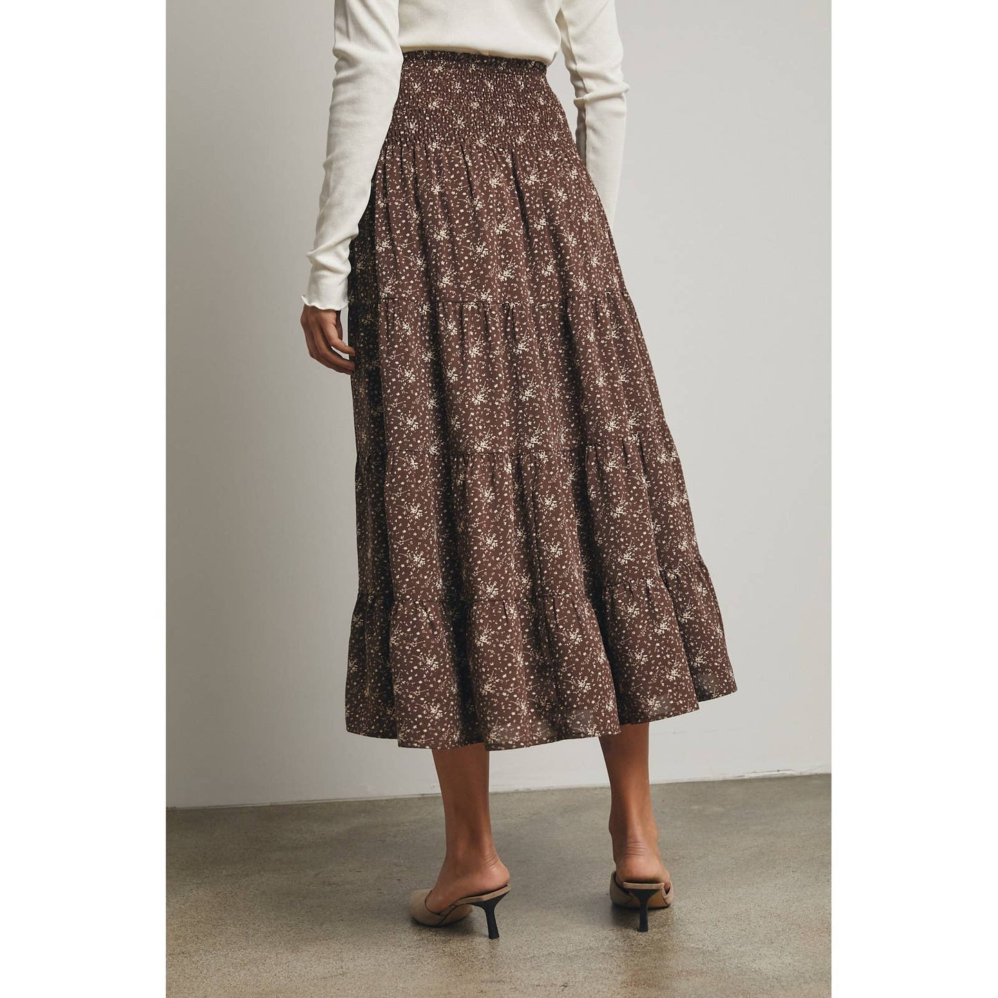 Chocolate/Taupe Floral Tiered Front Slit Midi Skirt - Purpose + Passion Boutique