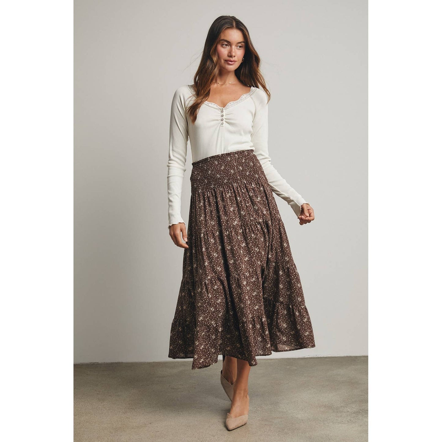 Chocolate/Taupe Floral Tiered Front Slit Midi Skirt - Purpose + Passion Boutique