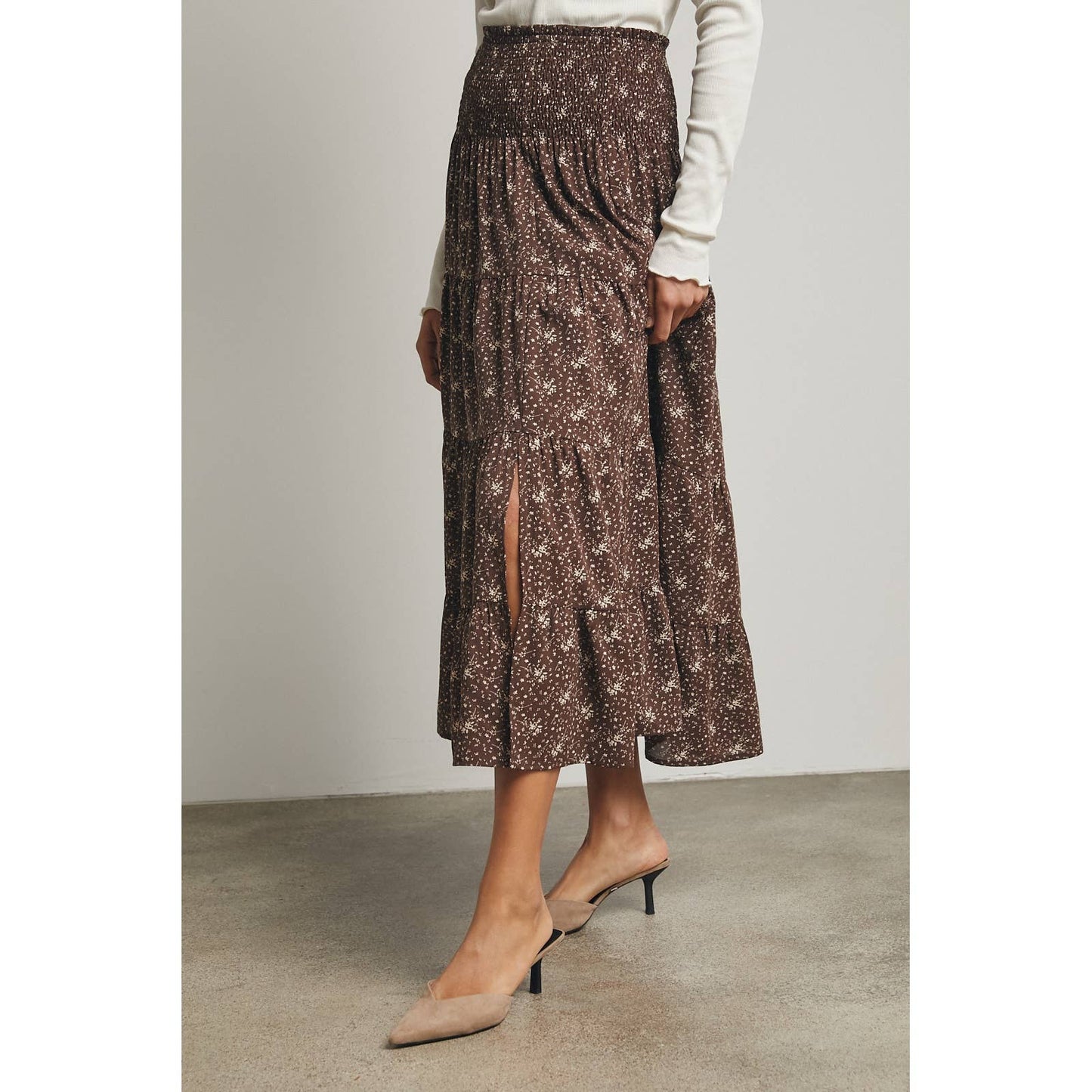 Chocolate/Taupe Floral Tiered Front Slit Midi Skirt - Purpose + Passion Boutique