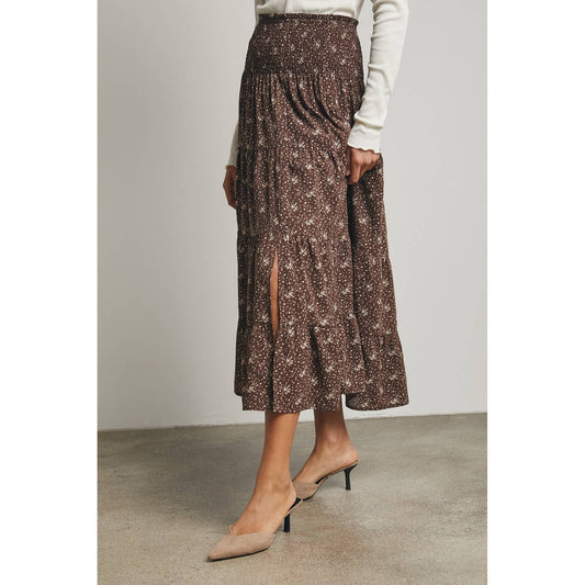 Chocolate/Taupe Floral Tiered Front Slit Midi Skirt - Purpose + Passion Boutique