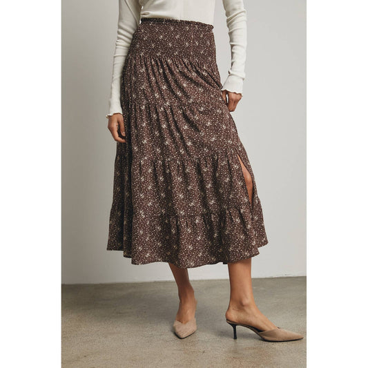 Chocolate/Taupe Floral Tiered Front Slit Midi Skirt - Purpose + Passion Boutique