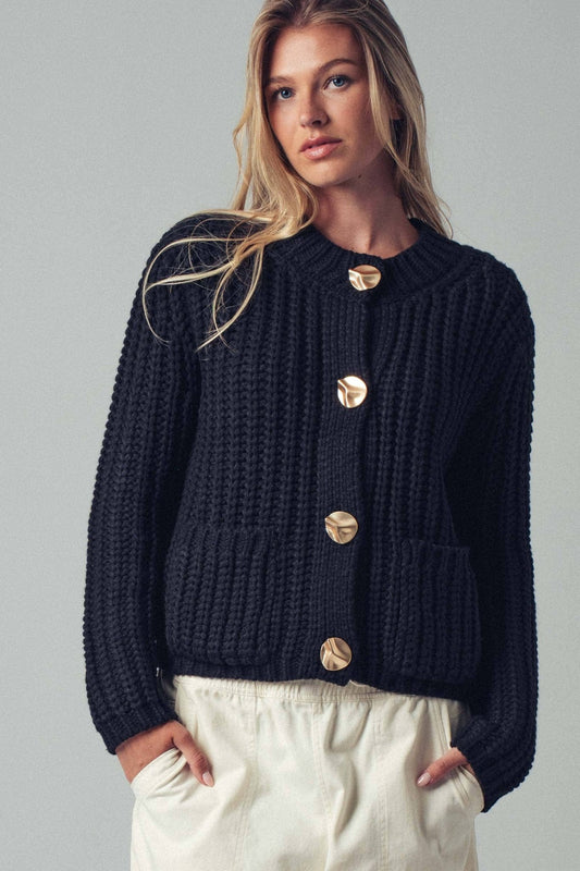 Chunky Gold Button Black Ribbed Knit Cardigan - Purpose + Passion Boutique