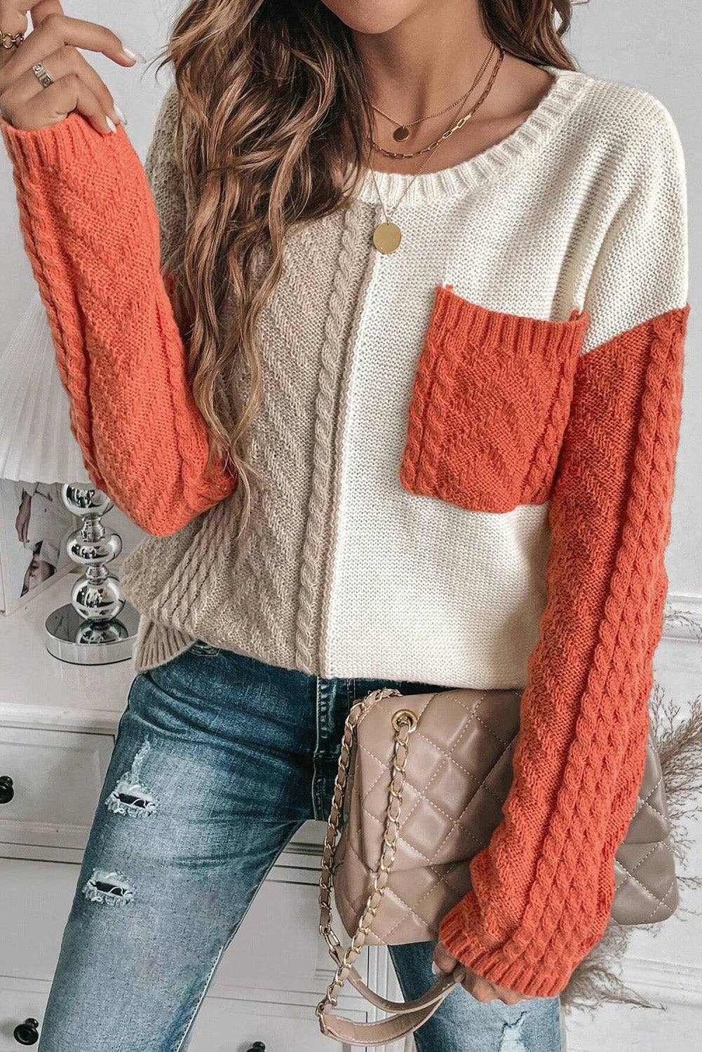 Colorblock Cable Patch Pocket Sweater - Purpose + Passion Boutique