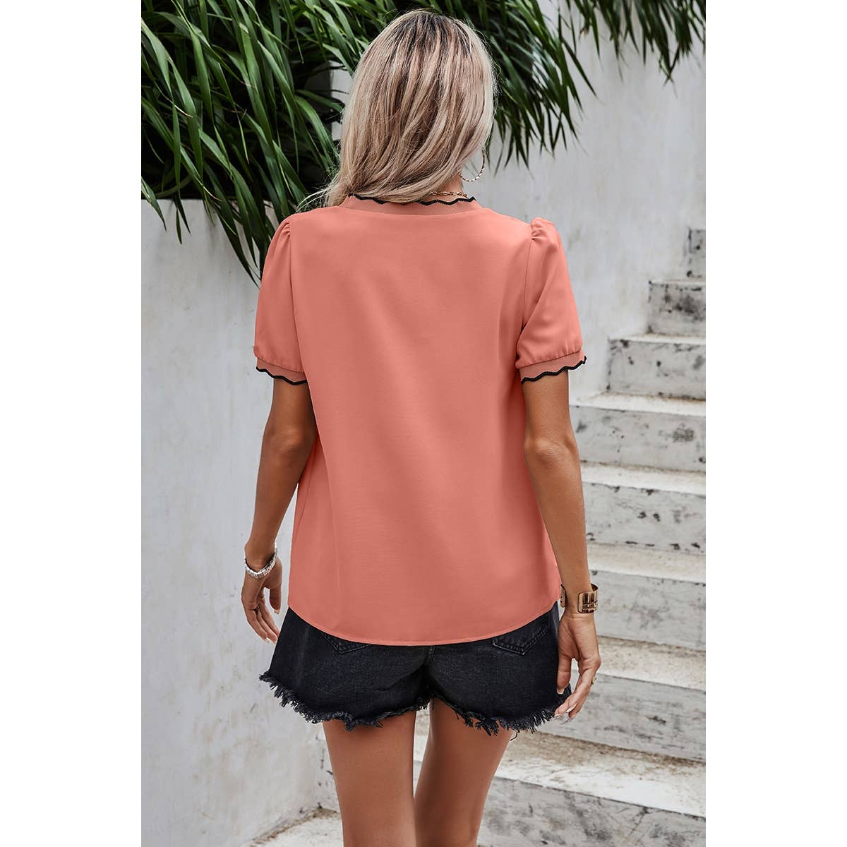Coral V Neck Contrast Black Trim Blouse - Purpose + Passion Boutique