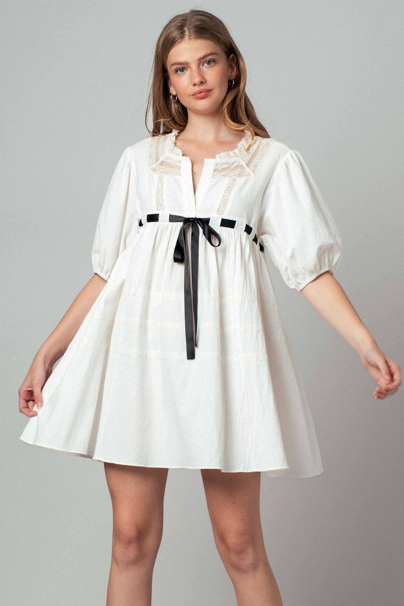 Cotton Lace Trim Ivory Empire Waist Mini Dress - Purpose + Passion Boutique
