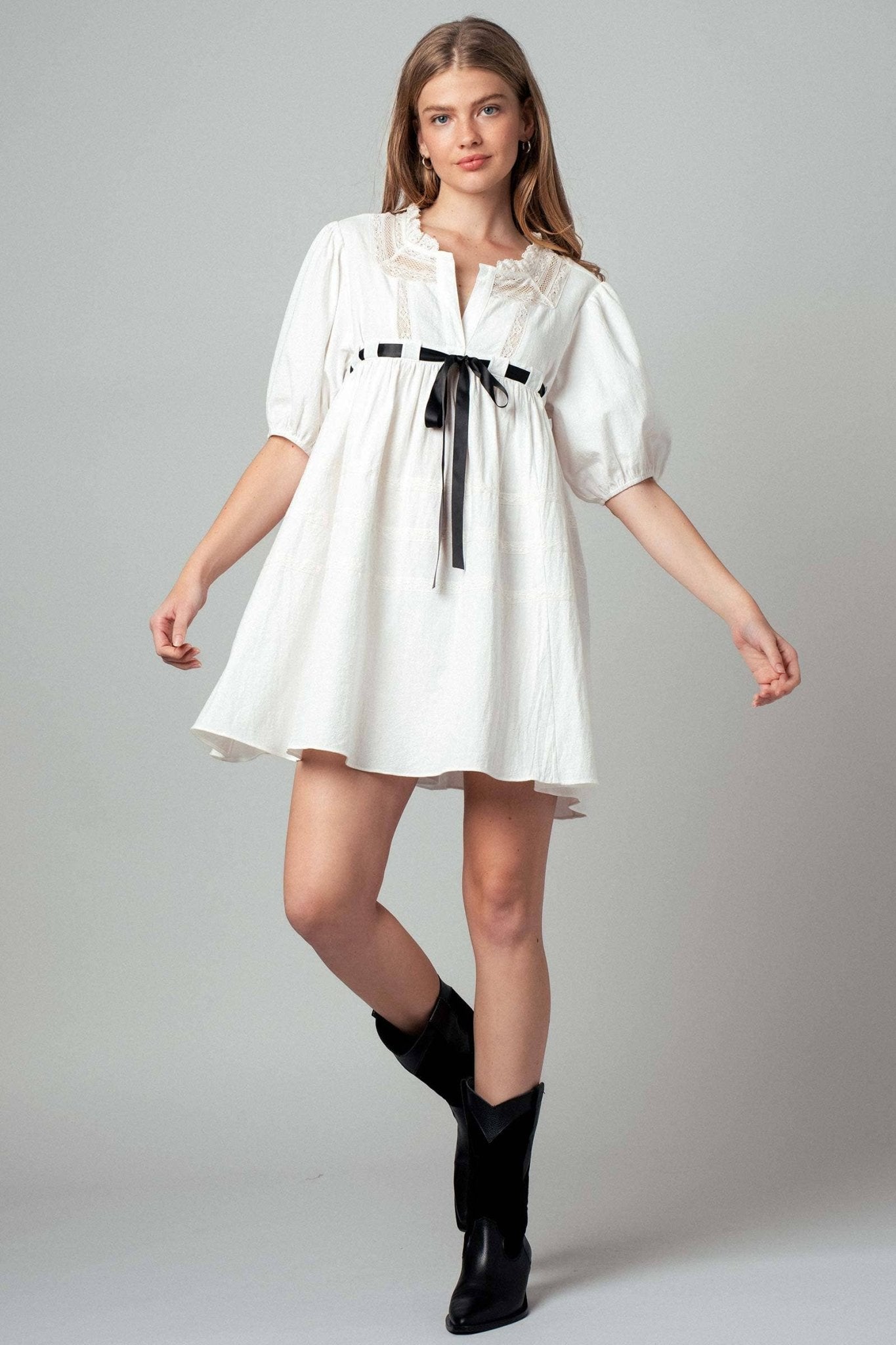 Cotton Lace Trim Ivory Empire Waist Mini Dress - Purpose + Passion Boutique