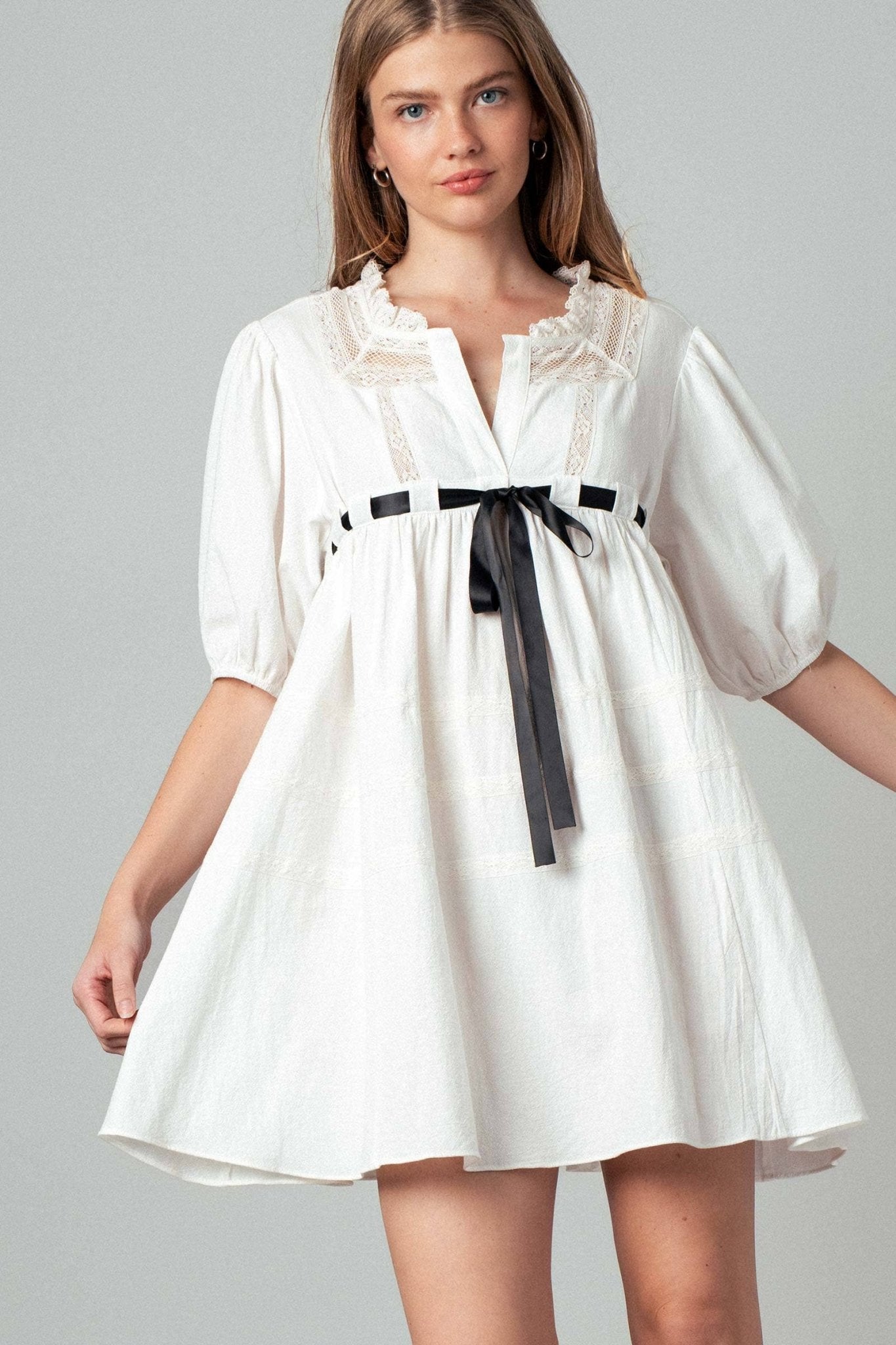 Cotton Lace Trim Ivory Empire Waist Mini Dress - Purpose + Passion Boutique