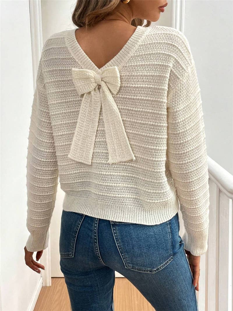 Cozy Bow Tie Back Beige Crew Neck Sweater - Purpose + Passion Boutique