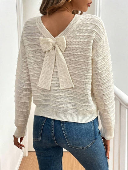 Cozy Bow Tie Back Beige Crew Neck Sweater - Purpose + Passion Boutique