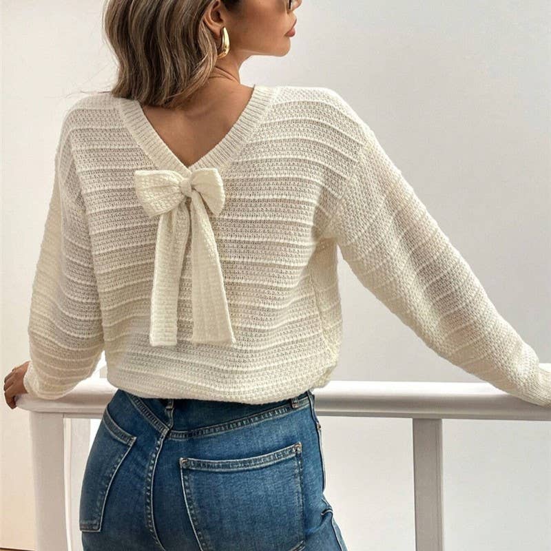 Cozy Bow Tie Back Beige Crew Neck Sweater - Purpose + Passion Boutique