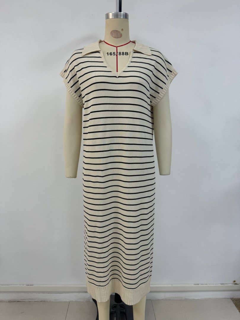 Cream + Black Casual Striped V - Neck Dress - Purpose + Passion Boutique