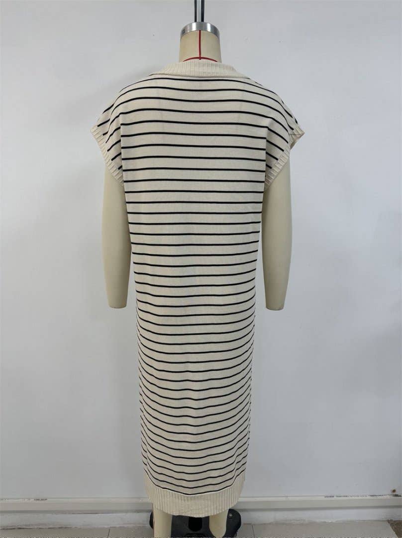 Cream + Black Casual Striped V - Neck Dress - Purpose + Passion Boutique