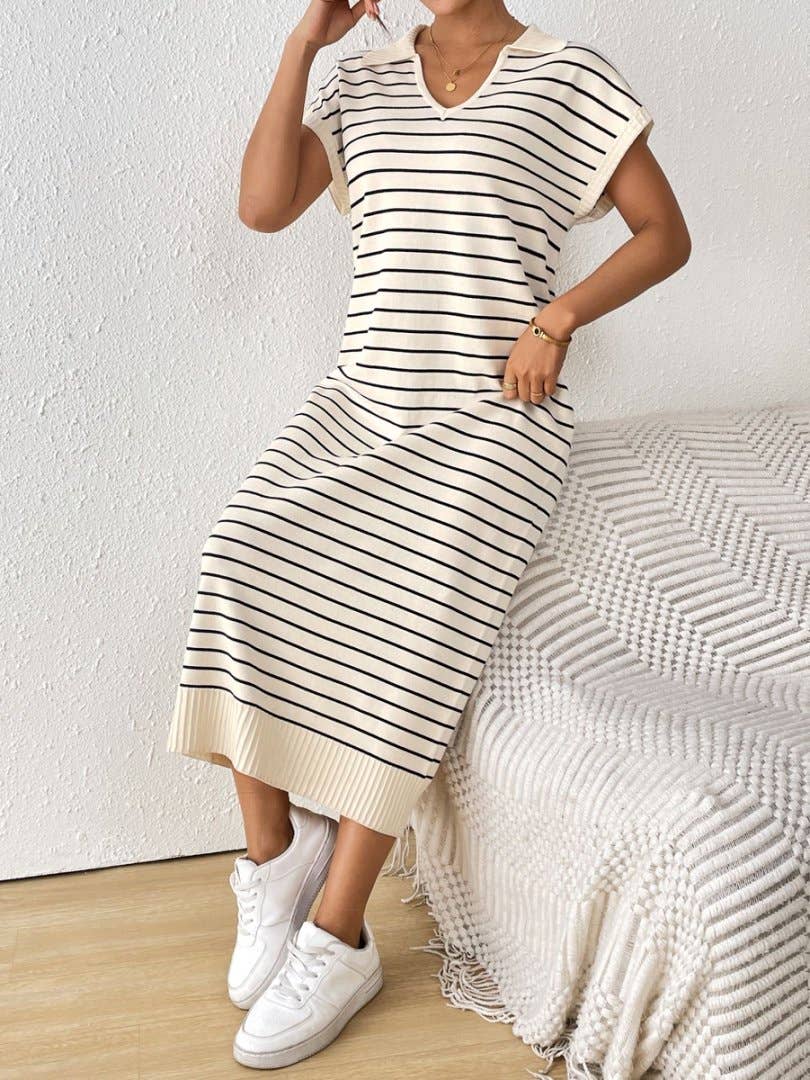 Cream + Black Casual Striped V - Neck Dress - Purpose + Passion Boutique
