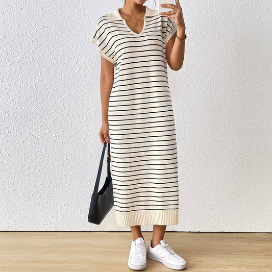 Cream + Black Casual Striped V - Neck Dress - Purpose + Passion Boutique