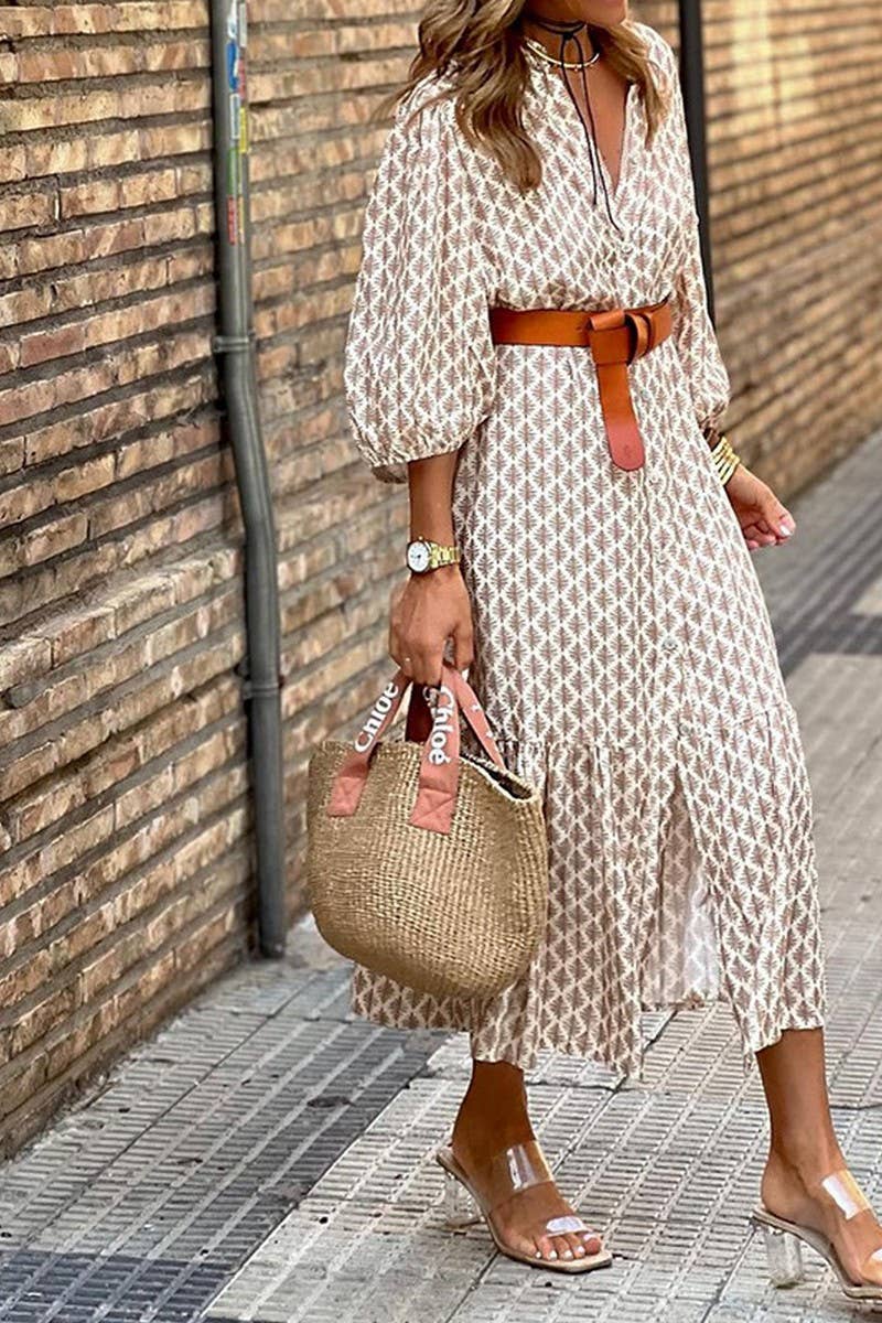 Cream + Brown Patterned Button Down Long Length Dress - Purpose + Passion Boutique