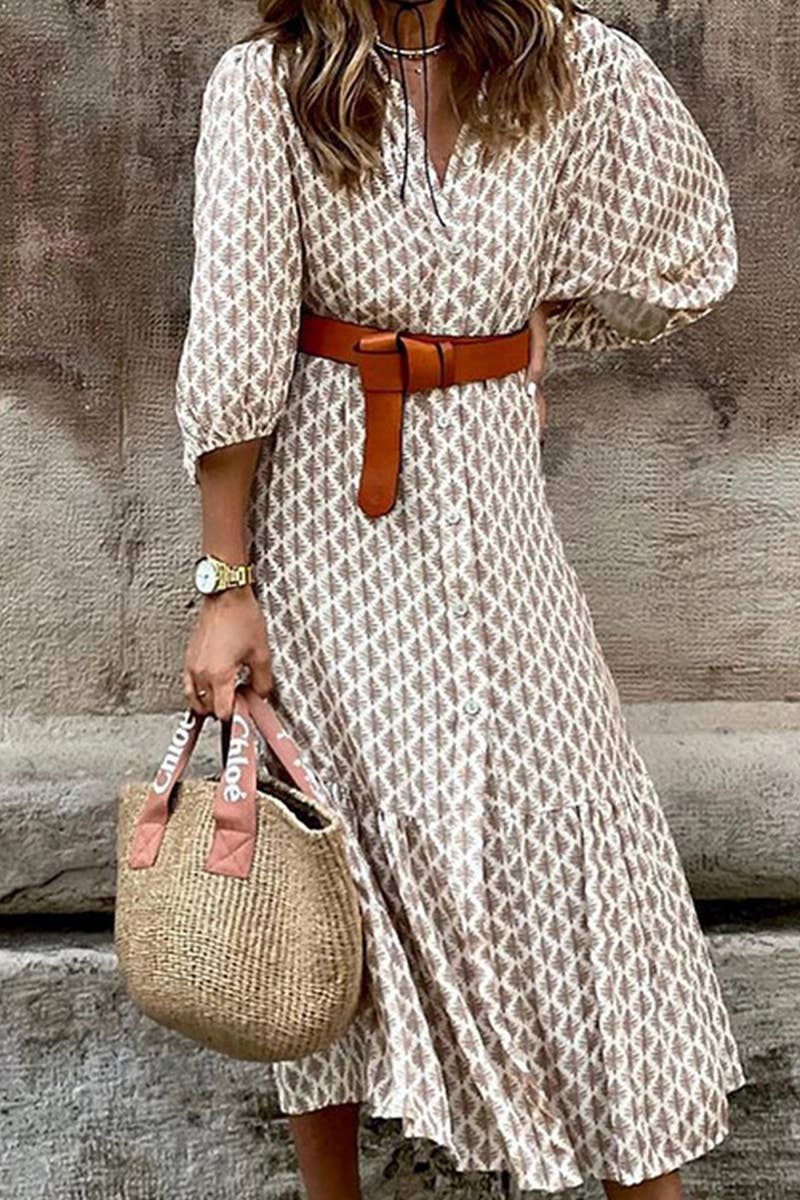 Cream + Brown Patterned Button Down Long Length Dress - Purpose + Passion Boutique