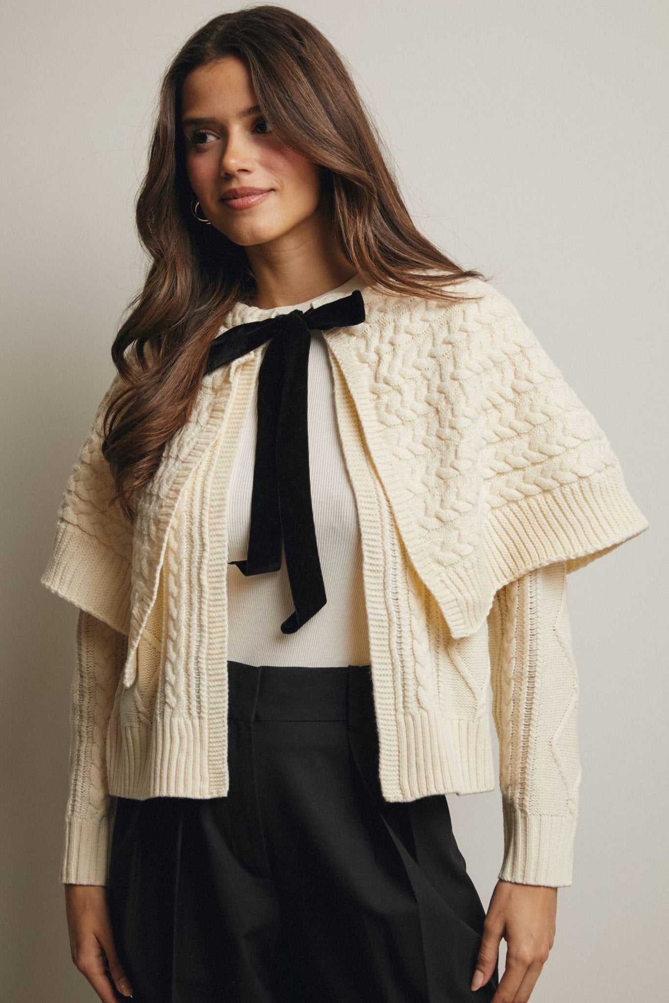 Cream Cable Knit Capelet Cardigan with Velvet Bow - Purpose + Passion Boutique