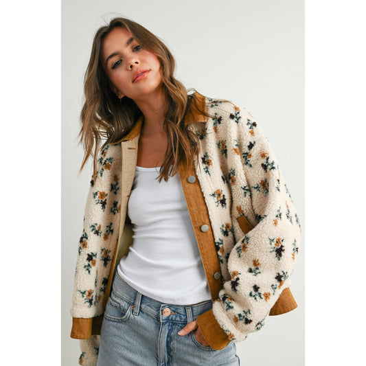 Cream / Camel Floral Collared Button - Down Jacket - Purpose + Passion Boutique