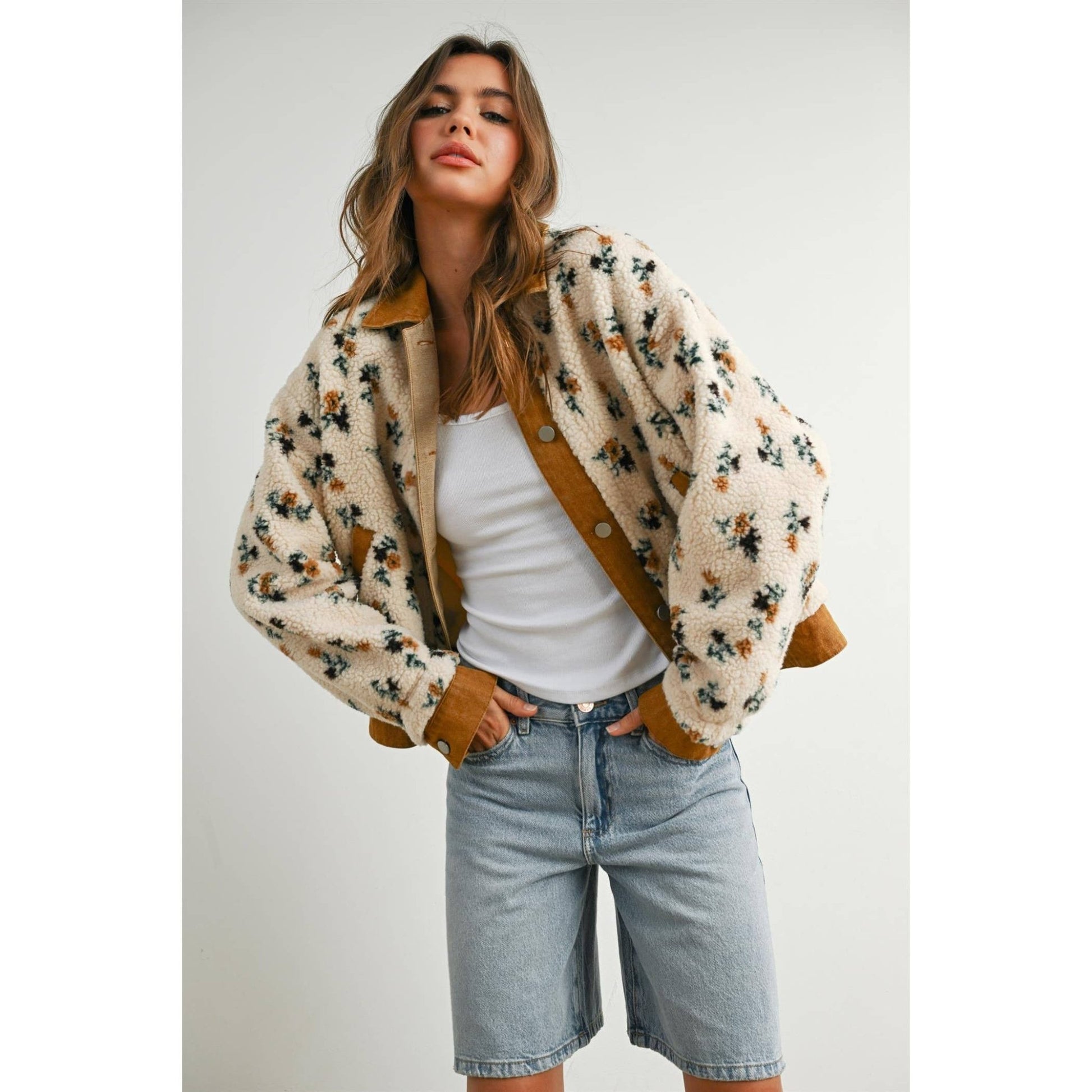 Cream / Camel Floral Collared Button - Down Jacket - Purpose + Passion Boutique