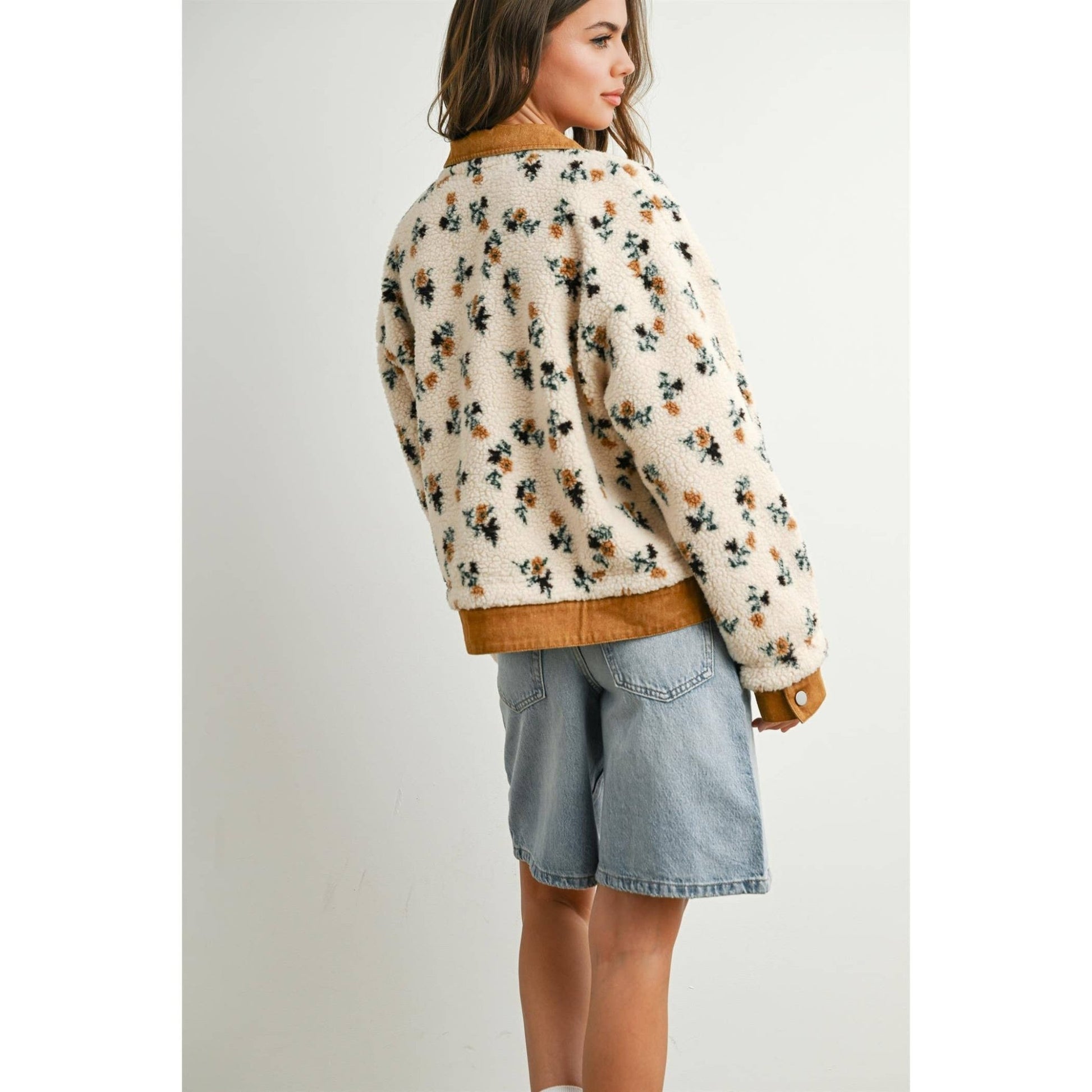 Cream / Camel Floral Collared Button - Down Jacket - Purpose + Passion Boutique