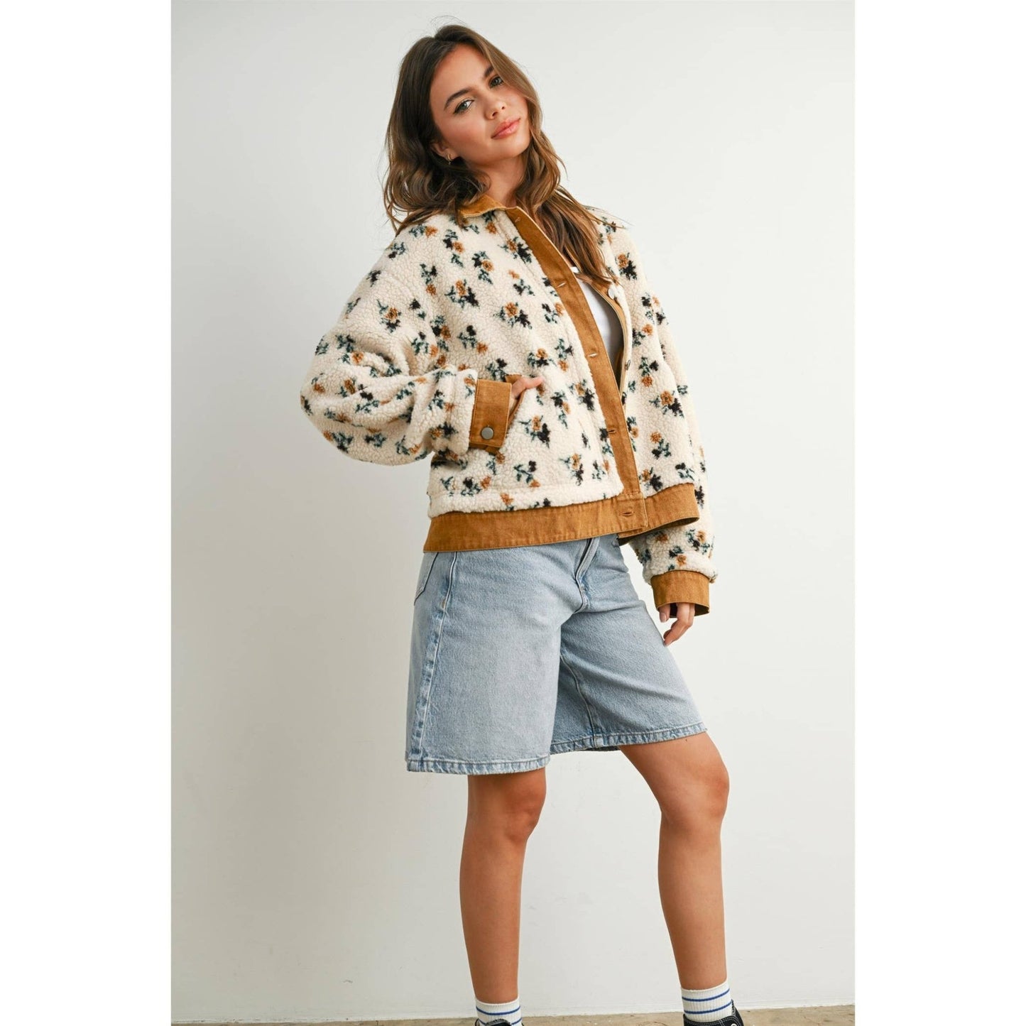 Cream / Camel Floral Collared Button - Down Jacket - Purpose + Passion Boutique