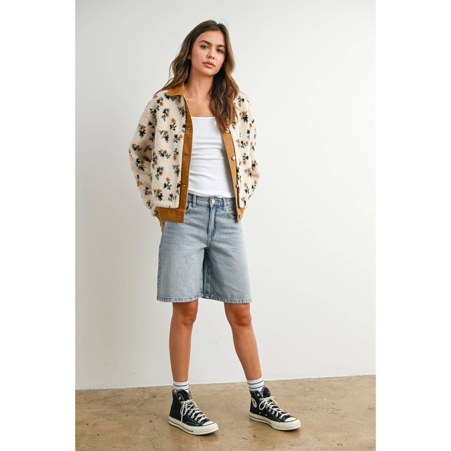 Cream / Camel Floral Collared Button - Down Jacket - Purpose + Passion Boutique