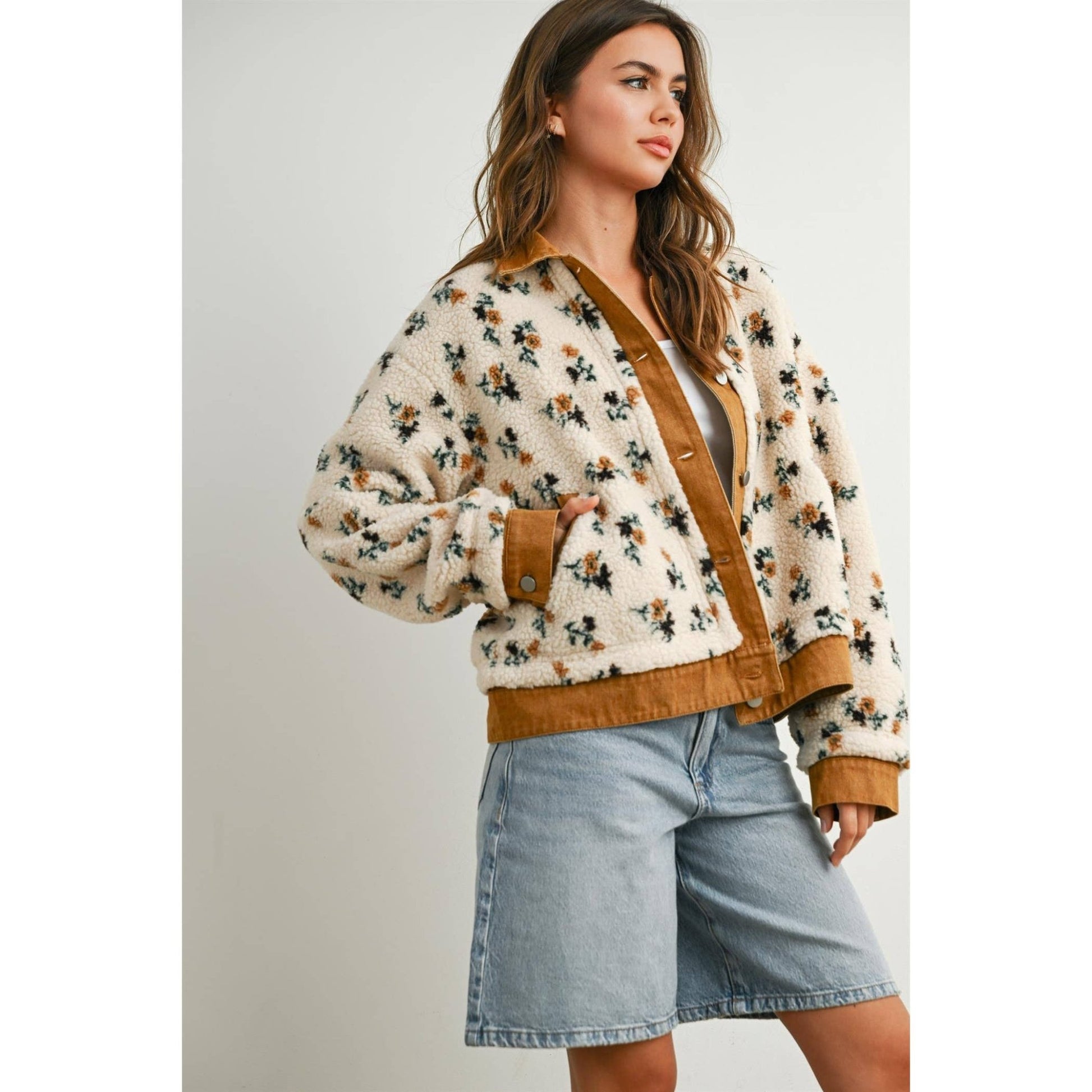 Cream / Camel Floral Collared Button - Down Jacket - Purpose + Passion Boutique