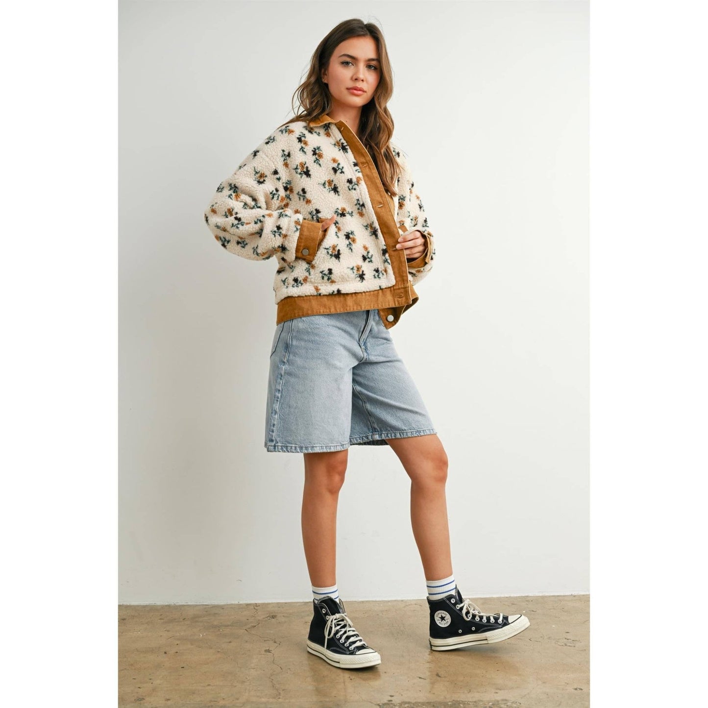 Cream / Camel Floral Collared Button - Down Jacket - Purpose + Passion Boutique