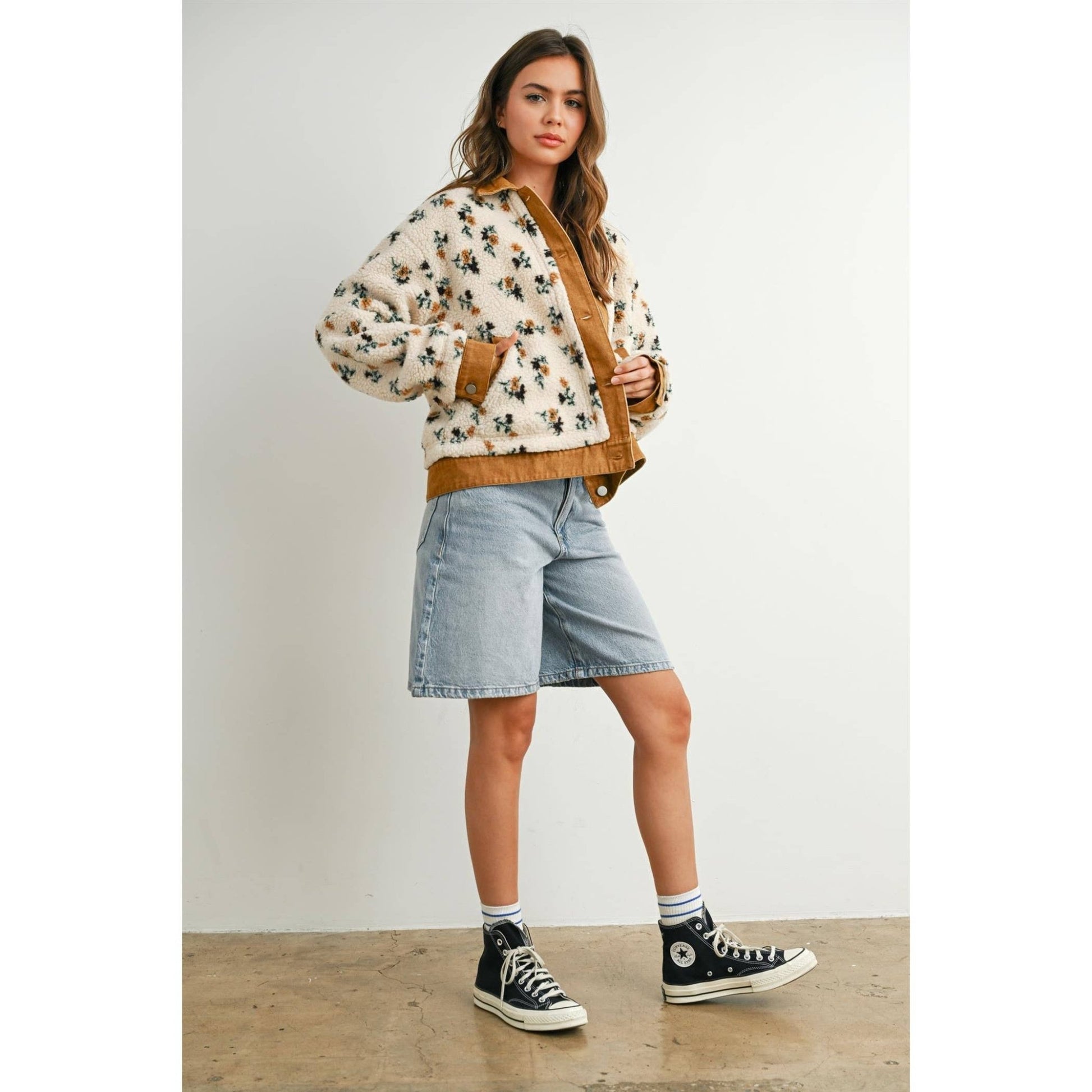 Cream / Camel Floral Collared Button - Down Jacket - Purpose + Passion Boutique