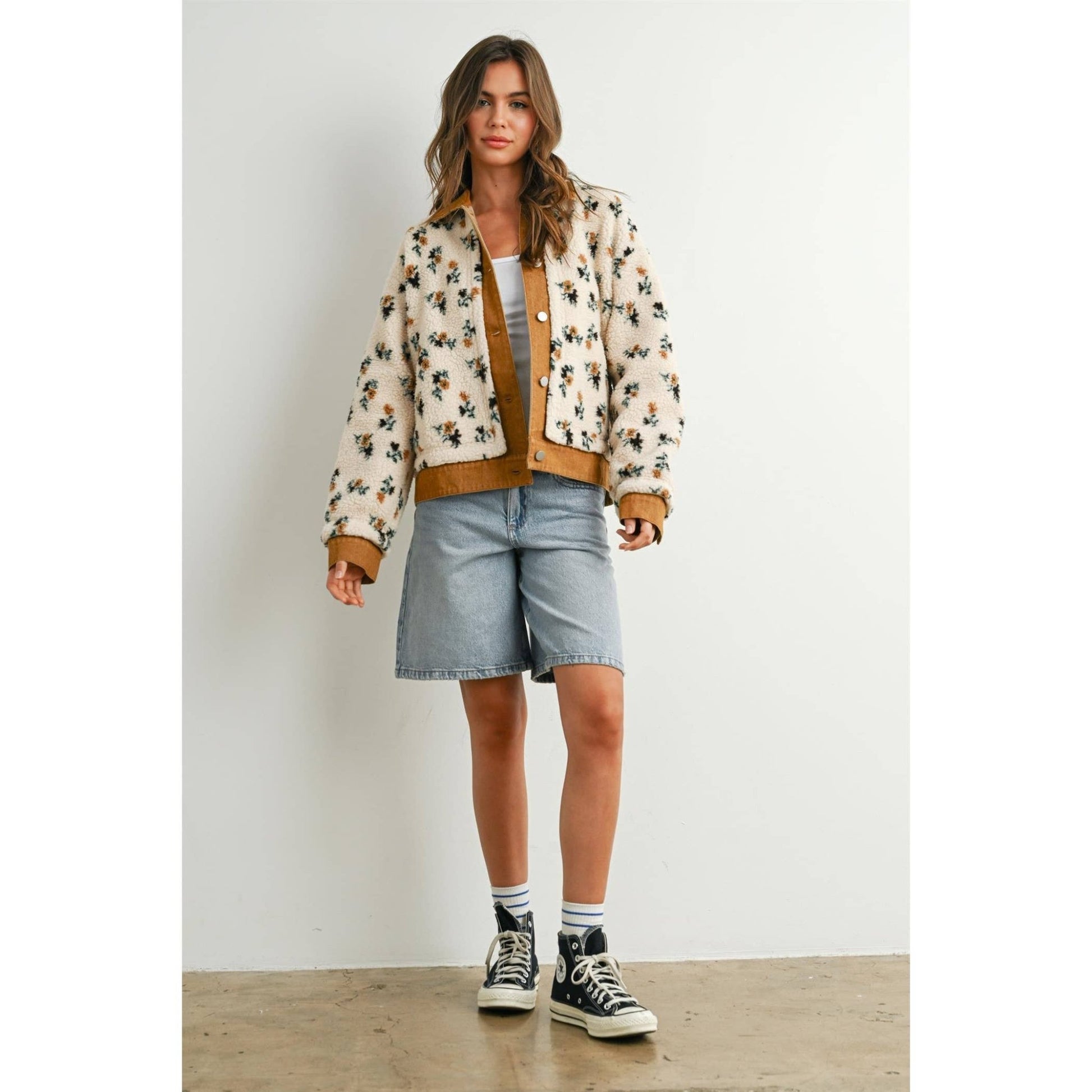 Cream / Camel Floral Collared Button - Down Jacket - Purpose + Passion Boutique