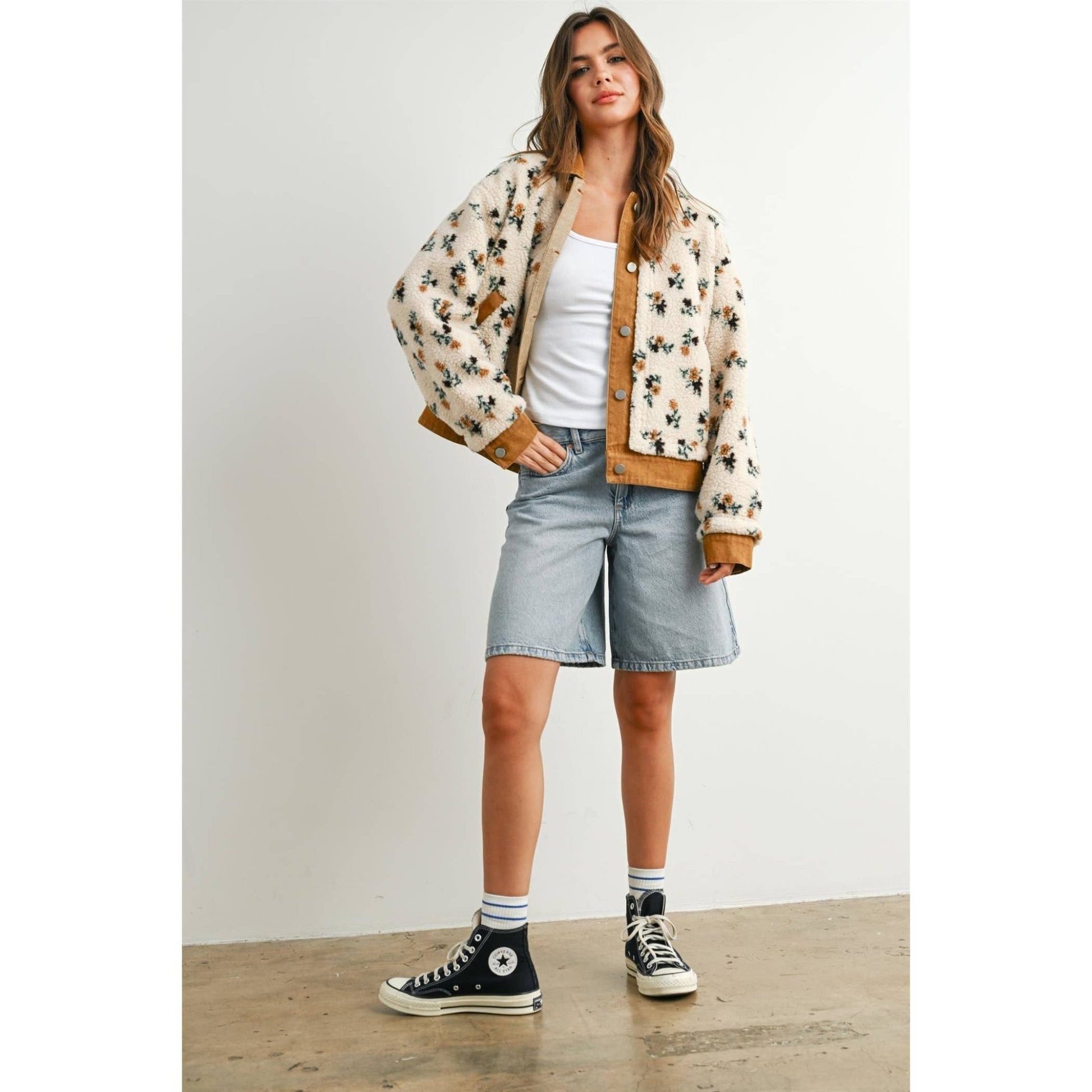 Cream / Camel Floral Collared Button - Down Jacket - Purpose + Passion Boutique