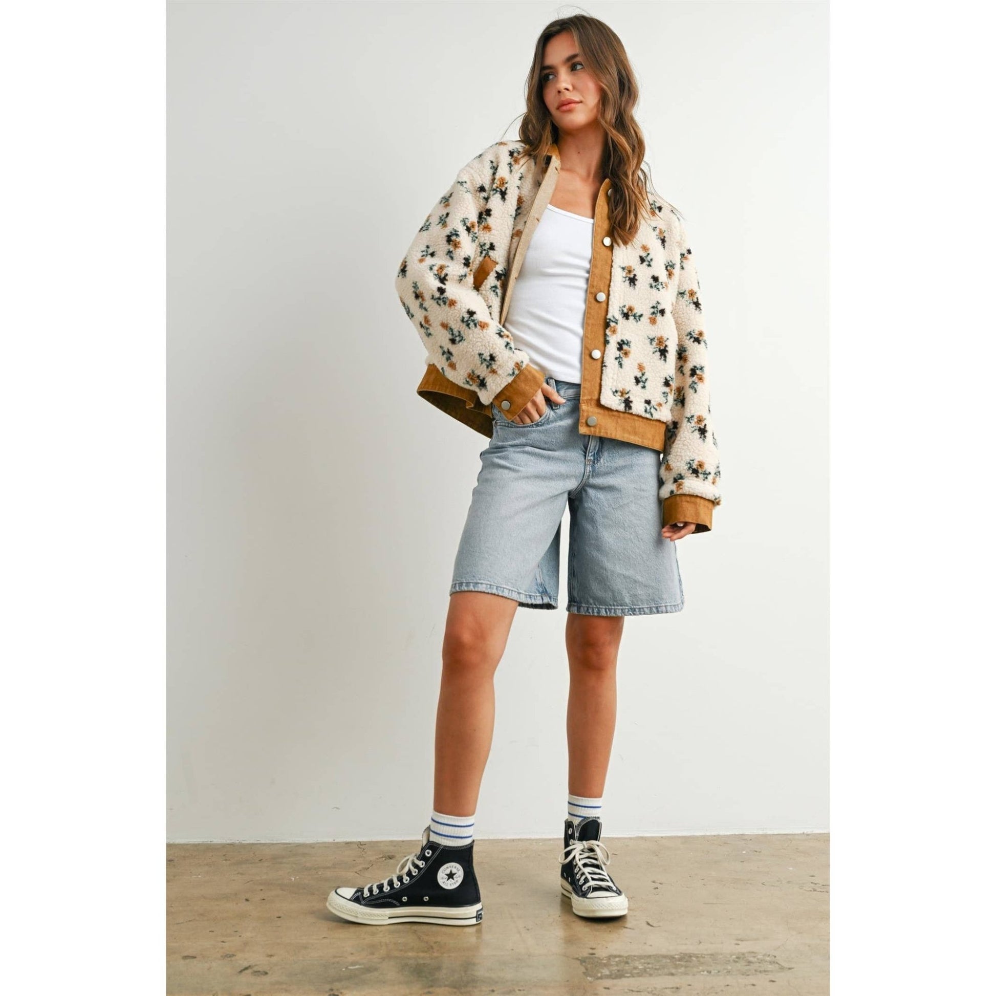 Cream / Camel Floral Collared Button - Down Jacket - Purpose + Passion Boutique