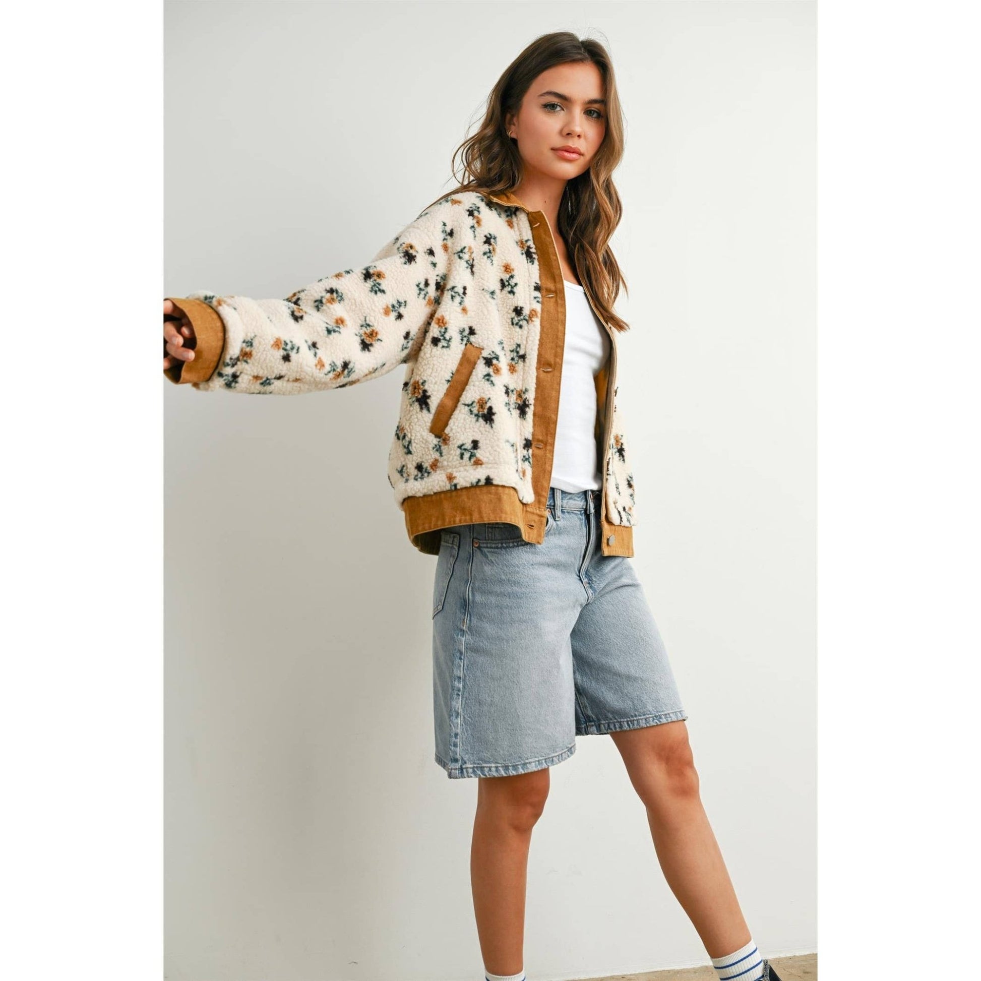 Cream / Camel Floral Collared Button - Down Jacket - Purpose + Passion Boutique