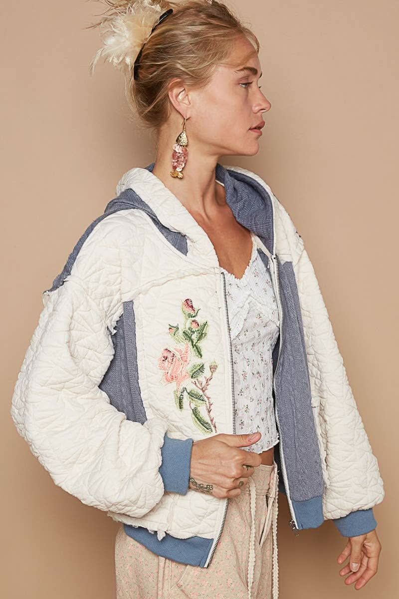 Cream + Navy Long Sleeve Quilting Embroidery Hoodie Jacket - Purpose + Passion Boutique