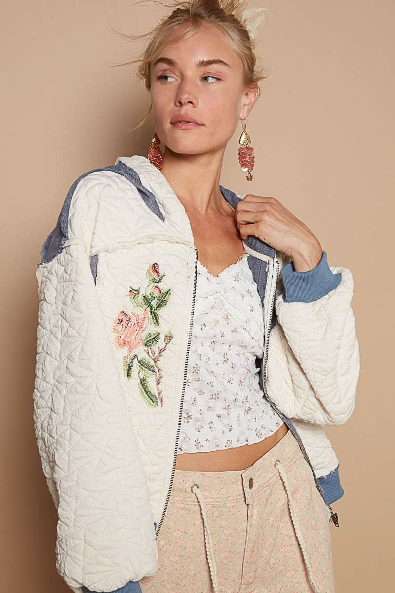 Cream + Navy Long Sleeve Quilting Embroidery Hoodie Jacket - Purpose + Passion Boutique