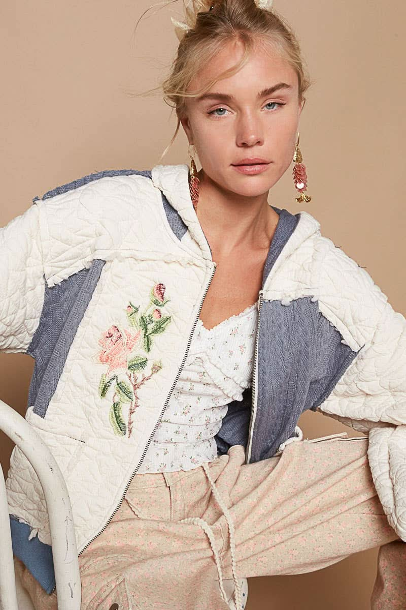 Cream + Navy Long Sleeve Quilting Embroidery Hoodie Jacket - Purpose + Passion Boutique