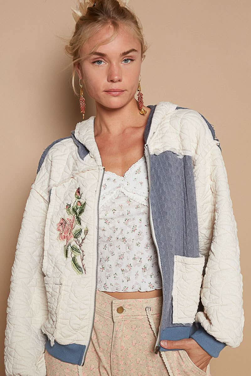 Cream + Navy Long Sleeve Quilting Embroidery Hoodie Jacket - Purpose + Passion Boutique