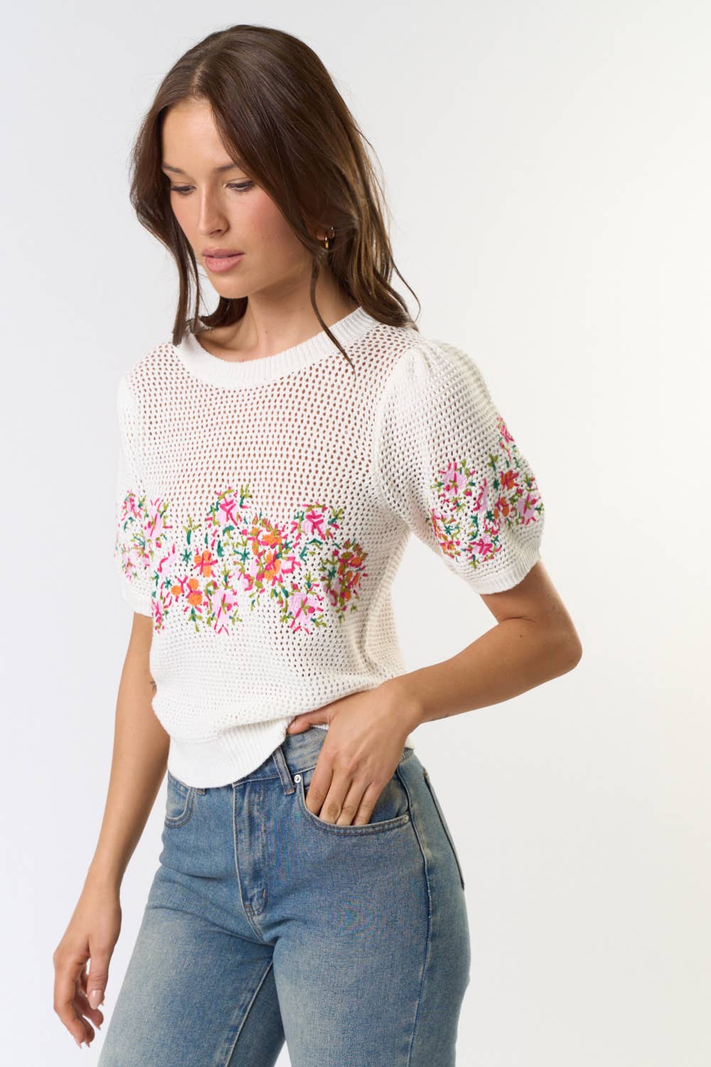 Cream Puff Sleeve Embordered Crochet Top - Purpose + Passion Boutique