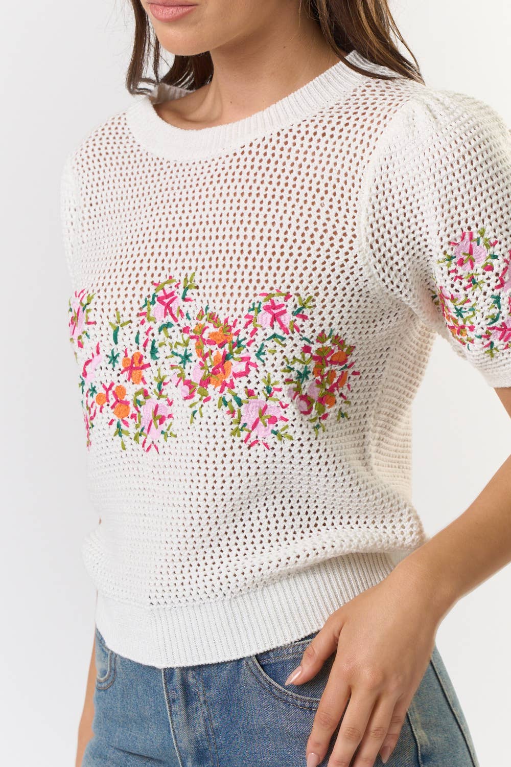 Cream Puff Sleeve Embordered Crochet Top - Purpose + Passion Boutique